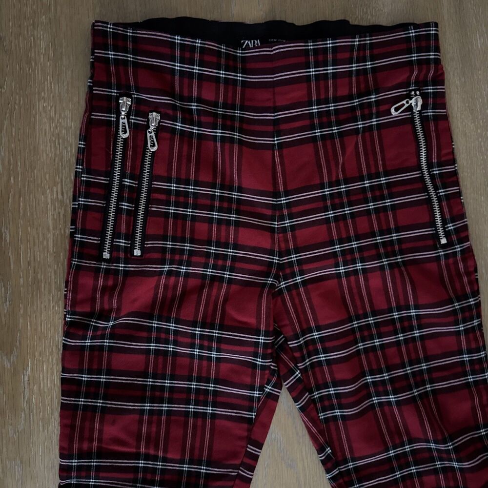Zara Red Plaid Tartan Zipped Moto Skinny Pants Leggings Size M Grunge Punk Goth - Picture 4 of 10